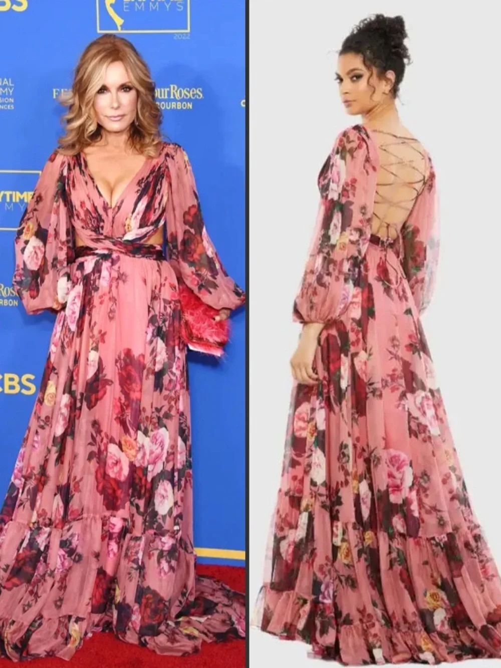 NWOT Mac Duggal 67946 Rose Floral Lace Up Chiffon Gown Size 2